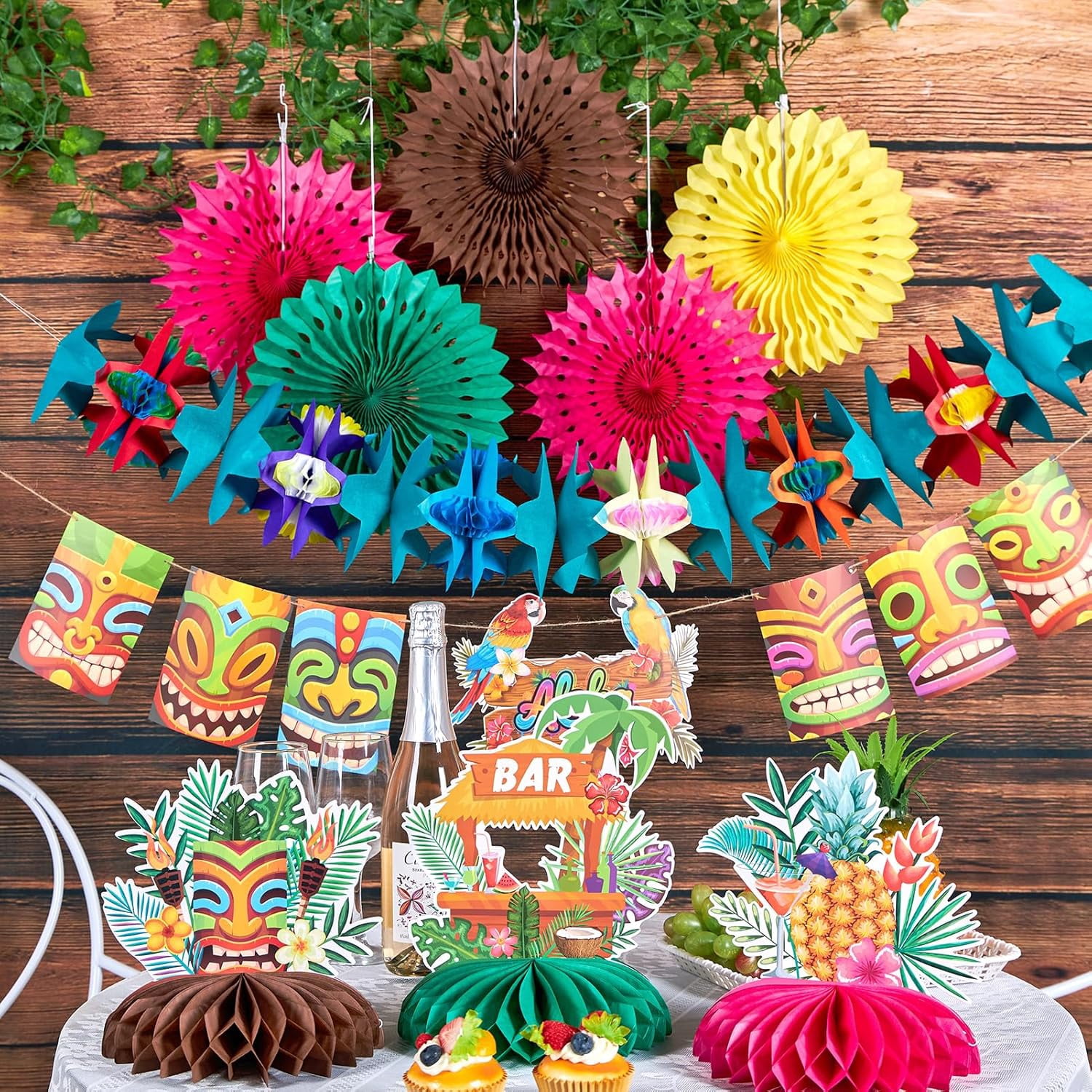 Hawaiian Luau Party Decorations Tropical Beach Aloha Palm Leaves Garland Luau Honeycomb Table Centerpiece Tissue Pom Poms Paper Fans Tiki Totem Hanging Decor Tropical Summer Beach Pool Party Supplies