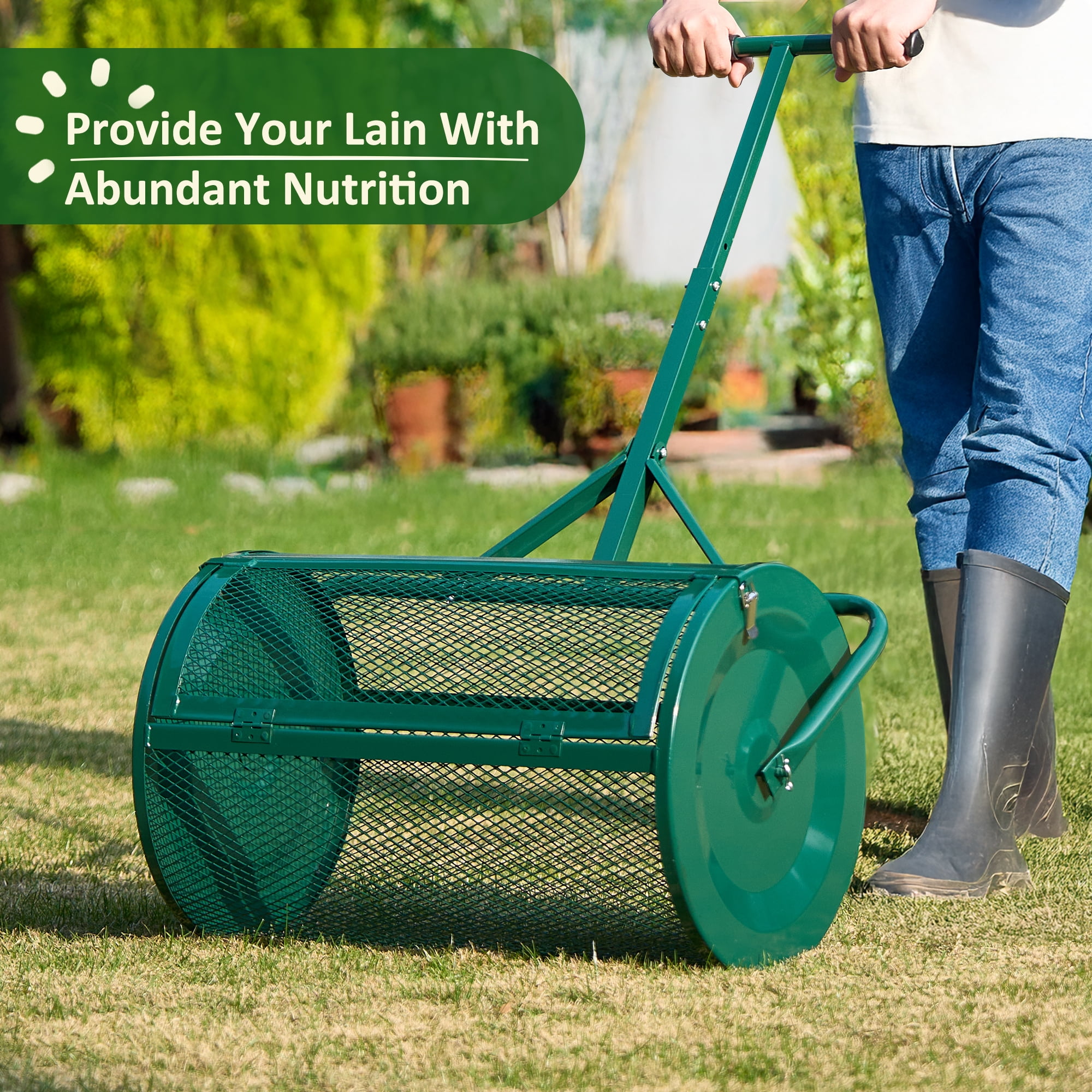 MUCHANT 24" Compost Spreader, Heavy-Duty Metal Mesh Spreader with Adjustable Handle for Lawn, Green