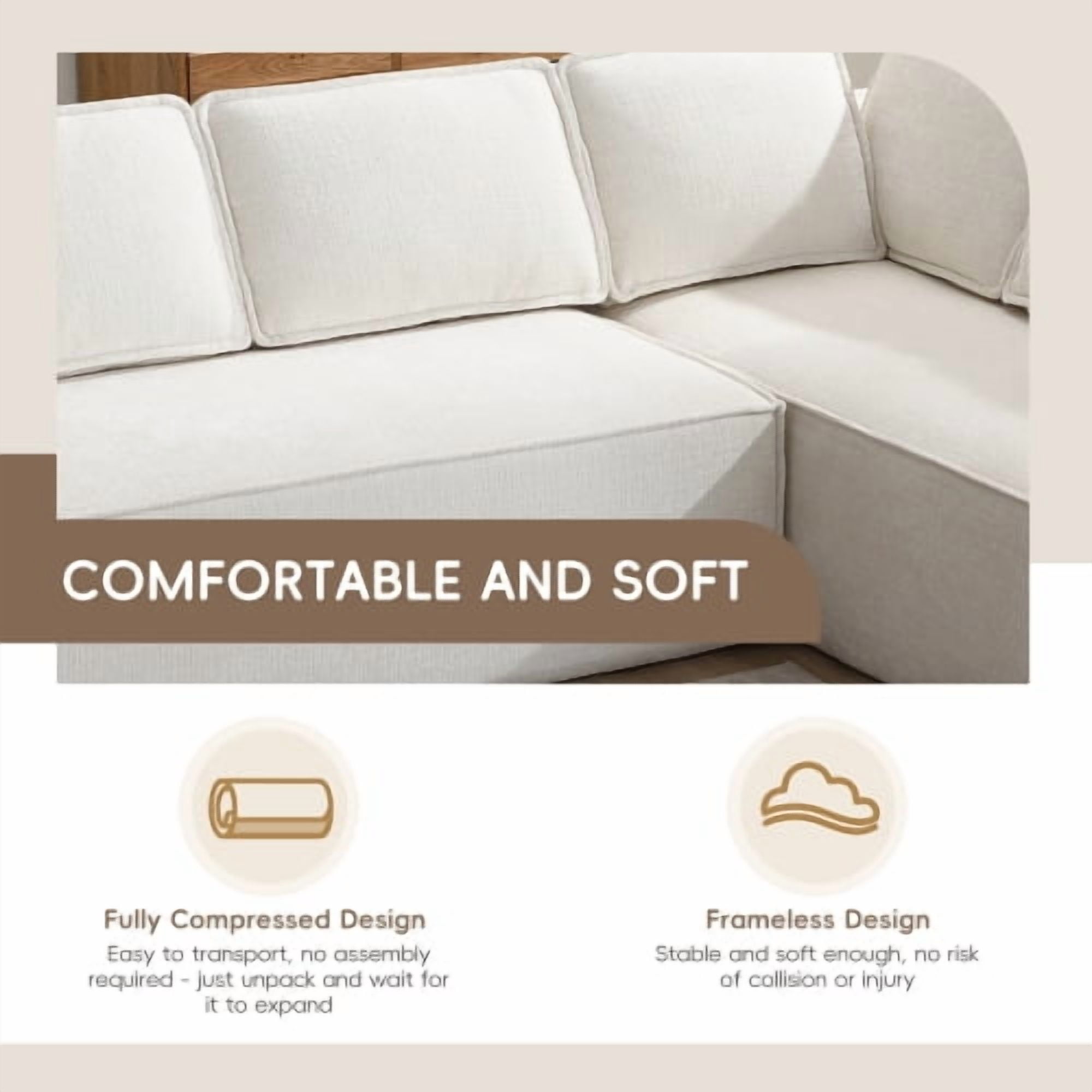 EPOWP Modular Sectional Sofa, 129.5" 6-Seat L-Shaped Cloud Couch Set with Chaise, Wrinkle-Resistant Chenille Boneless Sofa, 2-Piece Free Combination for Living Room, No Assembly Required,Beige