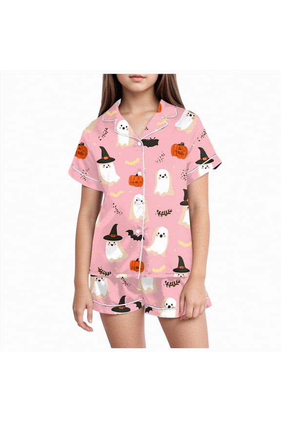 Pumpkin Ghost Pajamas For Girl Boy Halloween Short Sleeve Shorts Silk Pj Sets Kids Halloween Lounge Sleepwear(Light Pink,6-7 Y)