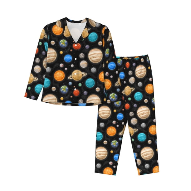 Fotbe Planets In Deep Space Conjunto de Pijama de Manga Larga para Mujer con Estampado, Ropa de Dormir de 2 Piezas, Conjunto de Casa Suave y Cómodo con Bolsillos-X-Large