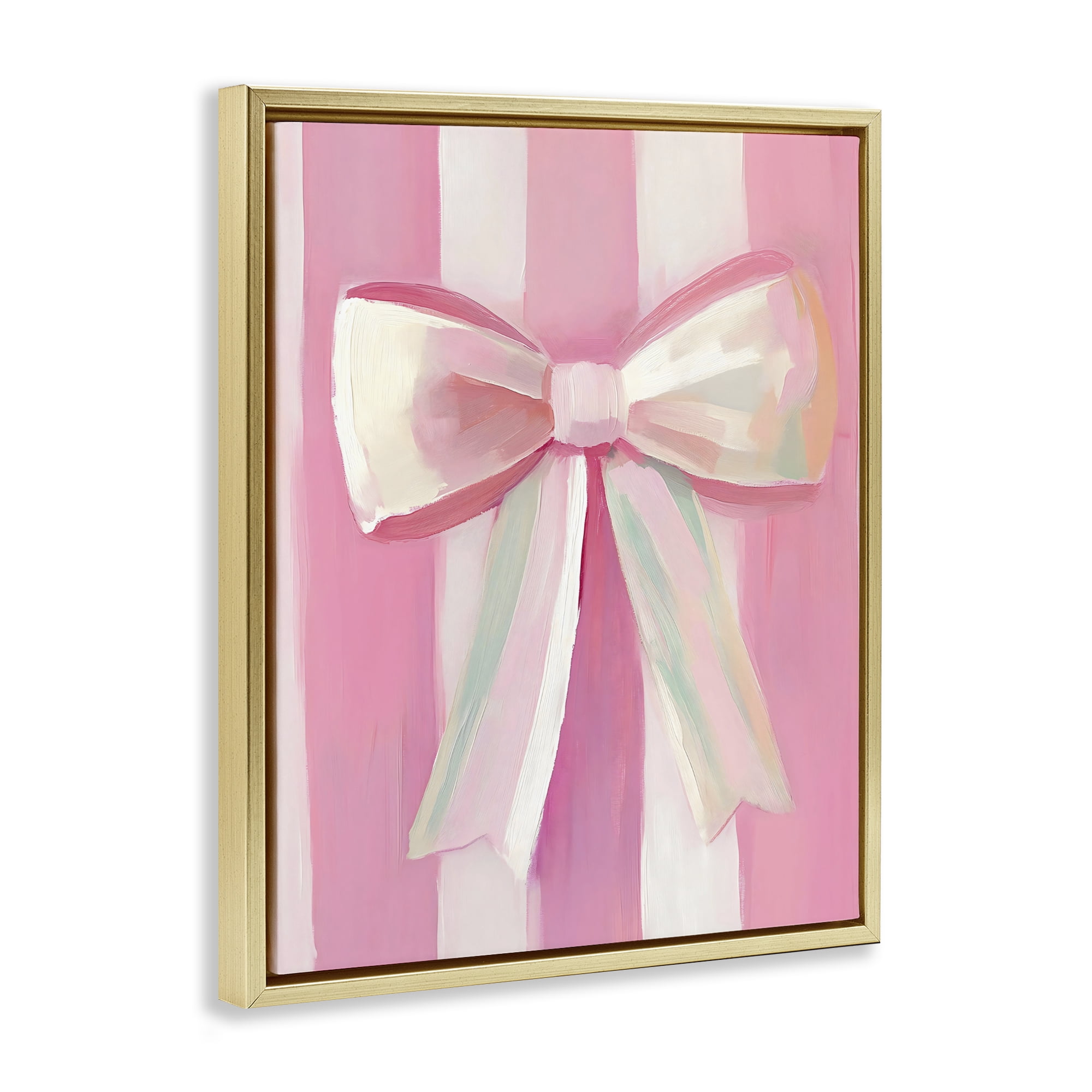 Stupell Industries Preppy Pink Bow on Stripes Gold Framed Floater Canvas Wall Art, design by The Prints Vibe