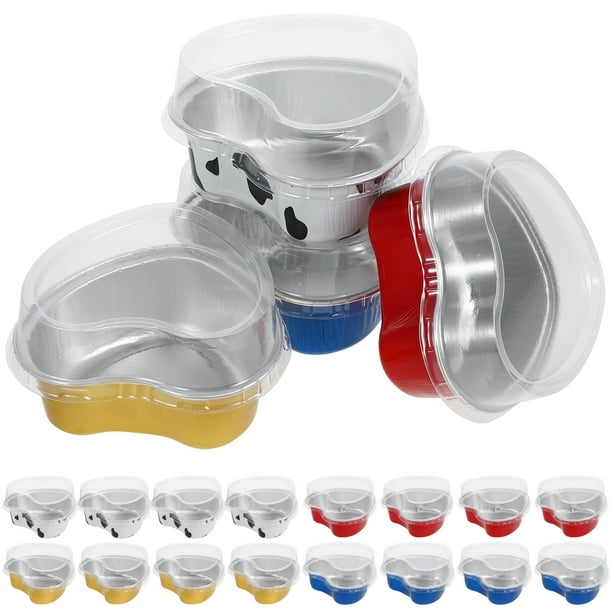 WORGEOUS 20 juegos de tazas pequeñas para hornear con tapa, taza de pudín de papel de aluminio, molde en forma de corazón