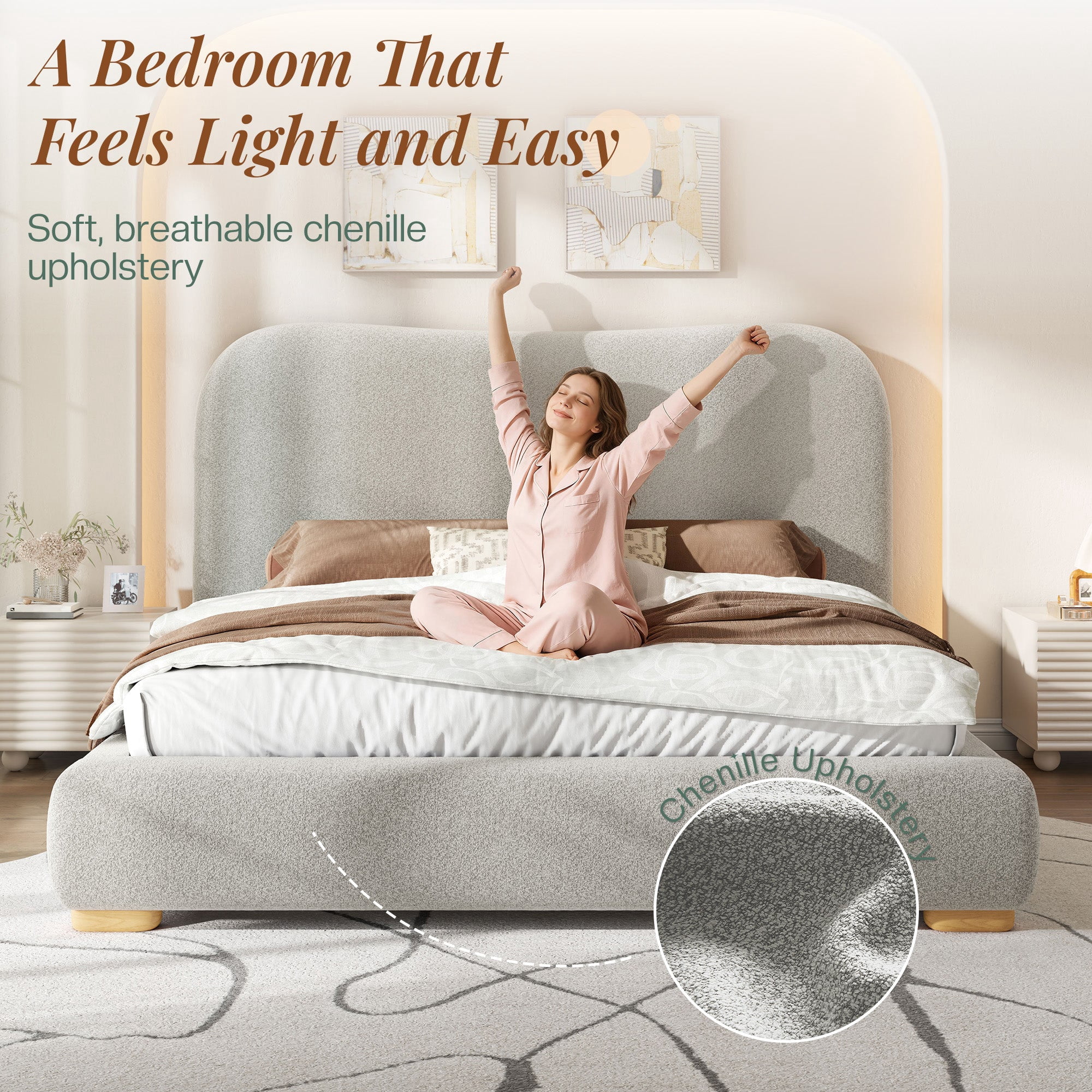VanAcc Full Size Cloud Bed Frame, 7.1" Thick Curved Headboard, Modern Upholstered Platform Bed, Easy Assembly, Chenille Light Grey
