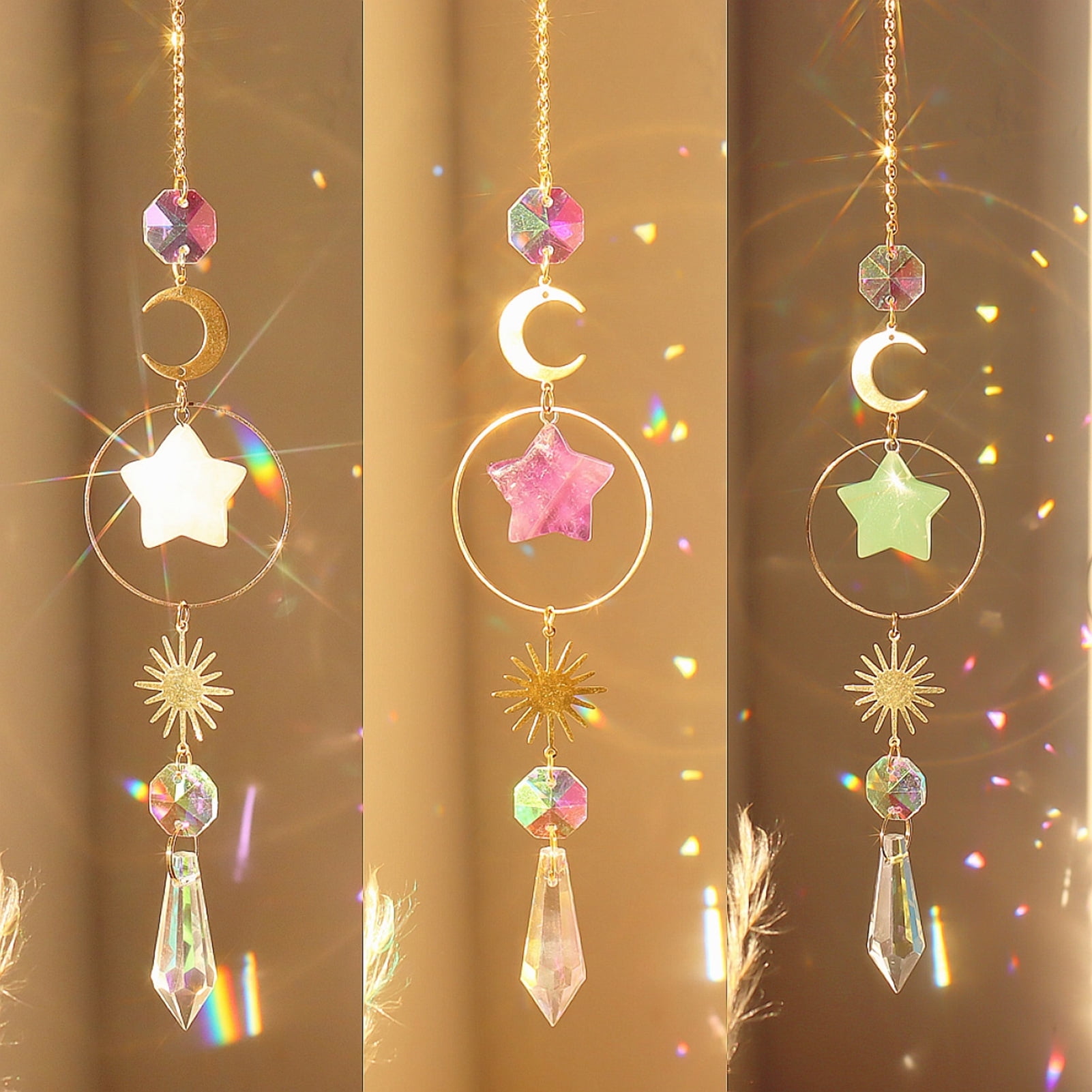 Honrane Hanging Sun Catcher Shiny Rainbow Maker Agate Moon Star Prisms