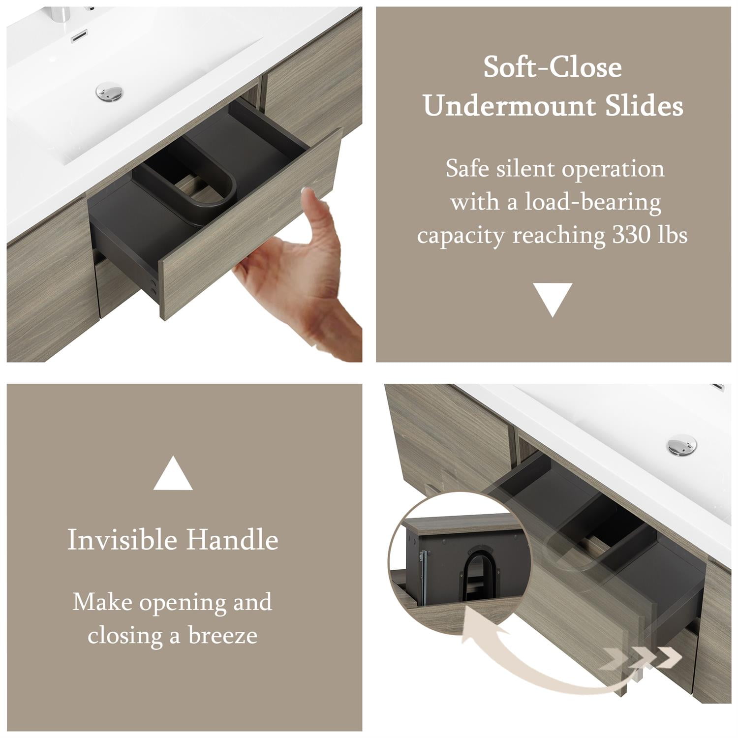 Demi Bonn 60" Floating Bathroom Vanity with Sink, Resin Top Basin and 2 Soft Close Drawers, 2 Storage Cabinet, Faucets and Drains Not Included, Gray