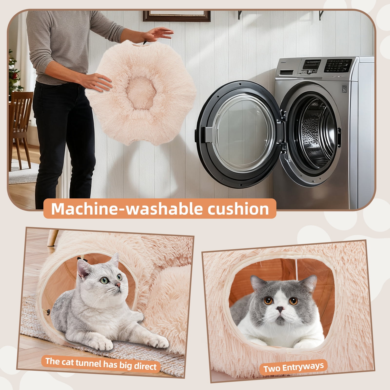 LIFERECORD Cat Tunnel with Cat Bed for Indoor Cats, Under Christmas Tree Soft Plush Peekaboo Cat Cave Donut Tunnel, Multifunctional Playground Toys Hideplace for Kittens, Rabbit - Bege