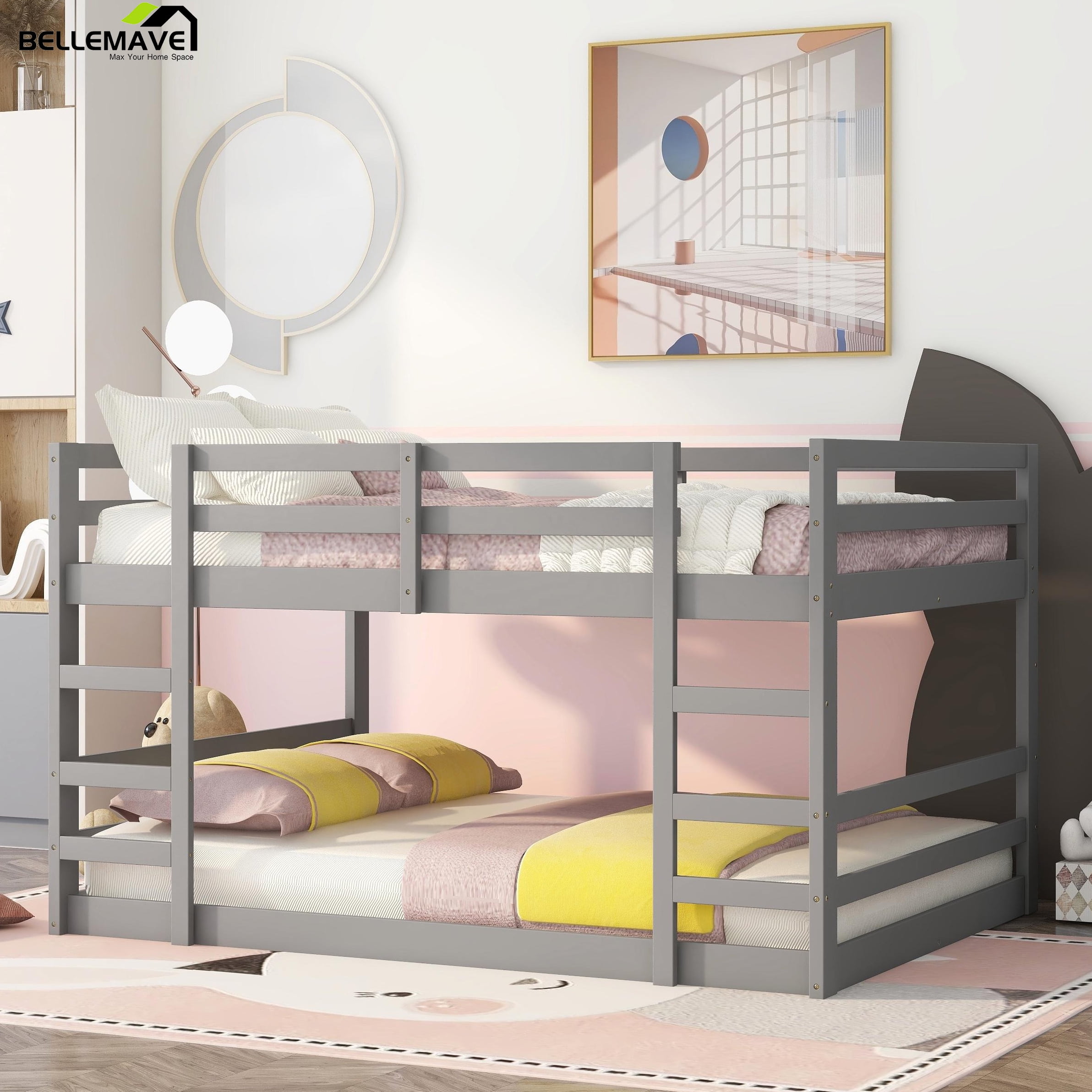Bellemave Low Twin Over Twin Bunk Beds, Juniors Floor Bunk Bed with