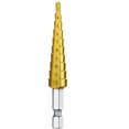thumbnail image 2 of Hss Tapered Step Drill Bit With Titanium Coating, Grooved For Wood, Metal, Stainless Steel, Gold, 2 of 5