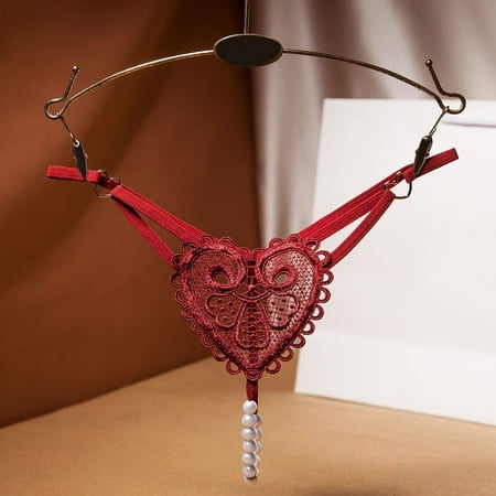 Women s Panties  Thongs for Women  Pearl G-String Panties Heart Print Panties  Low Waist Lace Crochet Hollow Out Briefs  Retro Pearl Love Thong  Wine Red