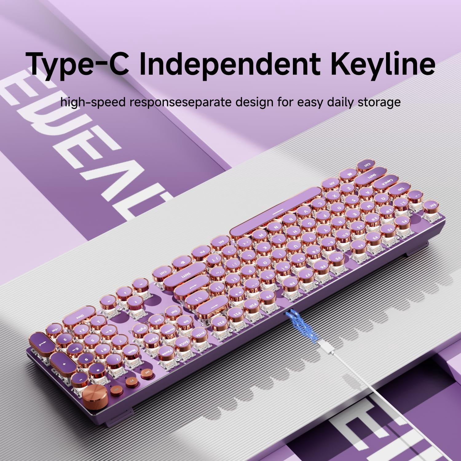 Typewriter Style Mechanical Gaming Keyboard, Wired Mechanical Keyboards,104 Keys Backlit LED Keyboards, Media Control Knob, Wired Computer Keyboard Pink Switch for Windows/Mac/PC-Purple