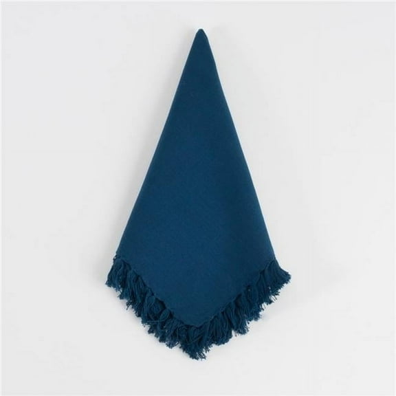 SARO 20 in. Square Fringed Design Napkins - Navy Blue Set of 4