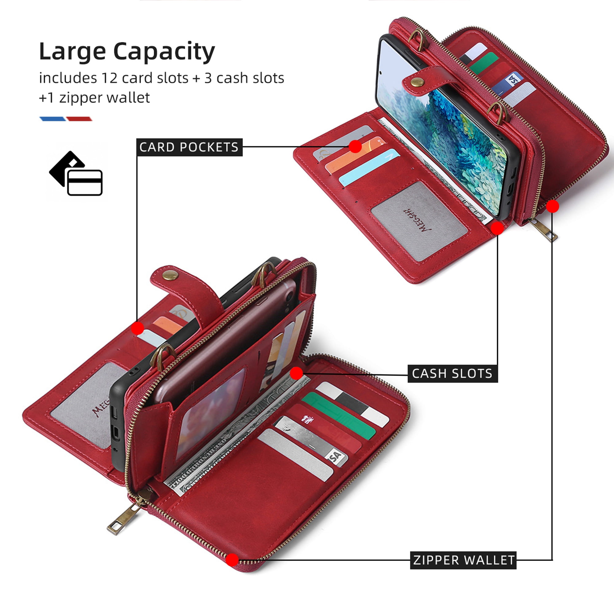 Samsung Galaxy S20 FE 5G Wallet Case, Dteck 2 in 1 Magnetic Detachable Wallet Purse [Crossbody Chain] Durable PU Leather Zipper Handbag Folio Flip Card Slot Protection Back Cover, Red