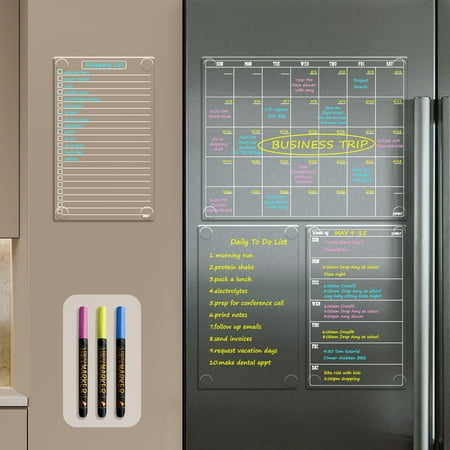 JJPRO Non-Magnetic Dry Erase Monthly Calendar for Fridge-Clear Monthly Calendar, Weekly Planner, List and Blank Board. Clear Reusable Calendar Stick to Fridge,Cabinet,Door&Glass