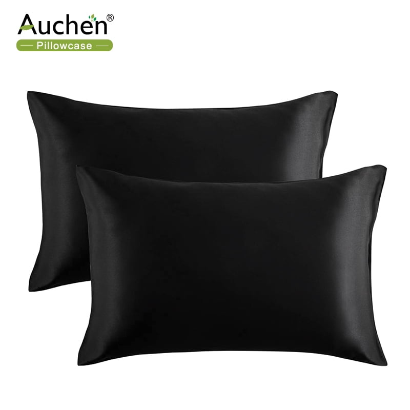 Set of 2 Romantic Rich Black Soft Solid Satin Standard Pillowcases for Hair Skin 