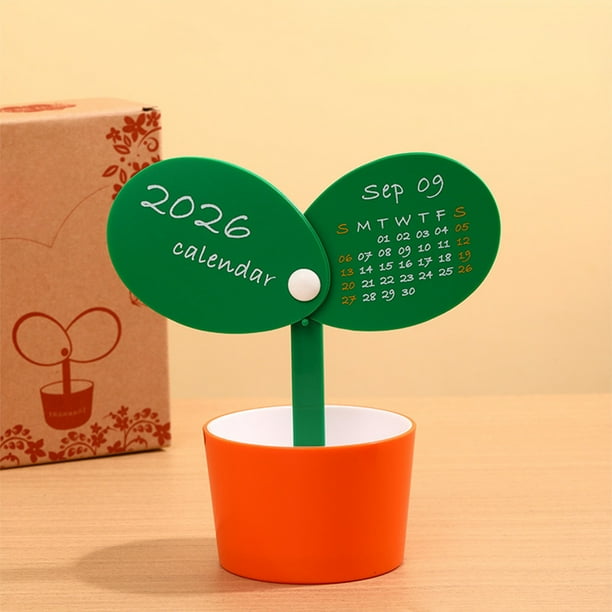 Calendario de escritorio de plantas verdes 2026 | Mini Organizador Creativo | Caja de almacenamiento de plástico multiusos | Amarillo Naranja | 8,5×17,5 cm | Decoración de oficina adorable | Adorno