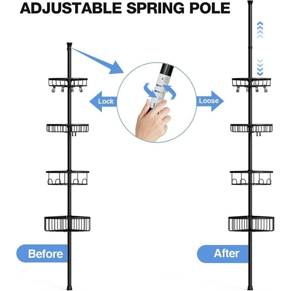 Corner Shower Caddy Tension Pole: Stainless Steel Rustproof 4-Tier Shower Organizer Adjustable Bathroom Shelves for Bathtub Shampoo Storage - Tension Rod Floor Standing Bath Rack - Black