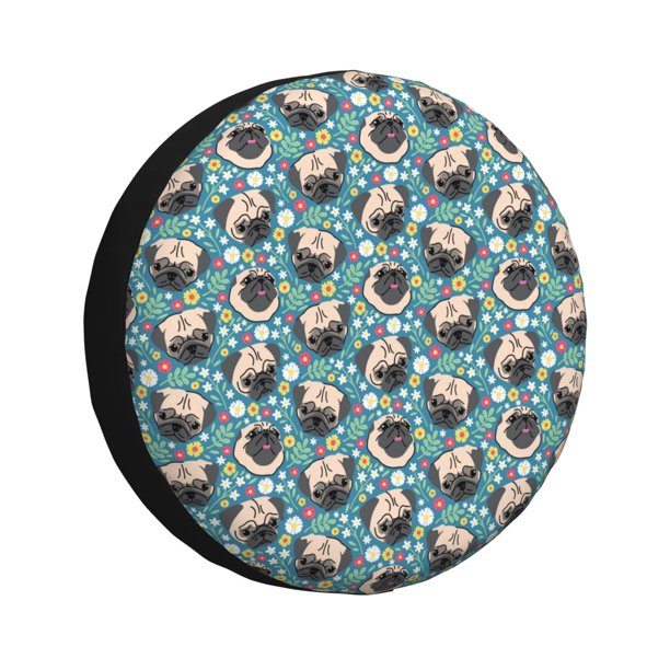 Fotbe PUG HEAD And Flower Funda de Llanta de Repuesto con Estampado, Engrosada, Ajuste Universal para Jeep, Remolque, RV, SUV, Camión-16 inch