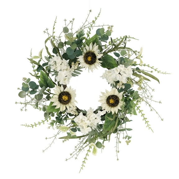 CC Christmas Decor Sunflower and Hydrangea Artificial Spring Floral Wreath - 24” - Green and White
