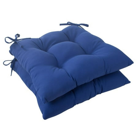 Set of 2 Traditional Navy Blue Outdoor Patio Tufted Seat Cushions with Ties 19