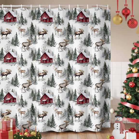 Christmas Shower Curtain, Farmhouse Deer Winter Elk Xmas Tree Waterproof Fabric Shower Curtains with 12 Hooks, Bathroom Curtain Set for Bathroom Accessories Decor, 72 x 78 Inches