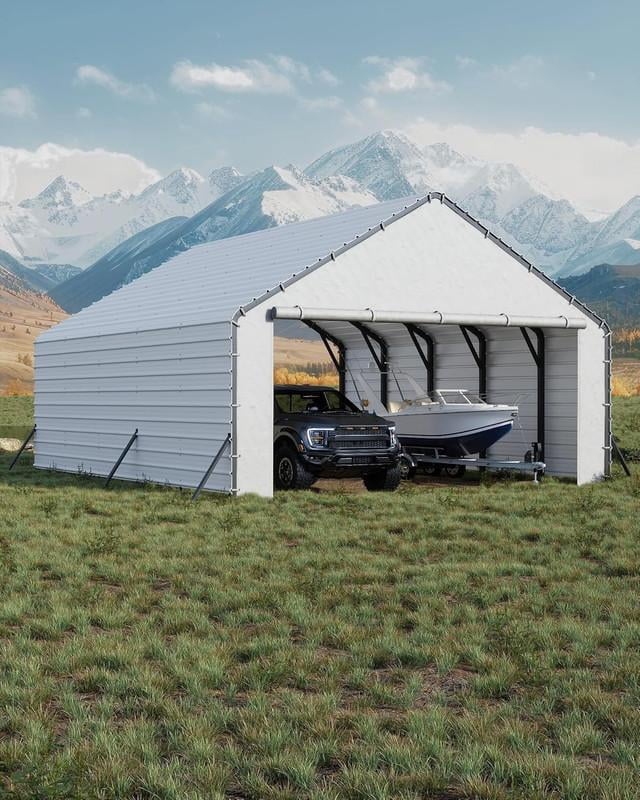 Roofing Panels for Metal Carport 20x25 ft, 20x20 ft, Heavy Duty Metal Carport Kits, 27 Ga. Galvanized Steel Ribbed Panels, 60.23 in x 19.68 in, 16 Pcs, White