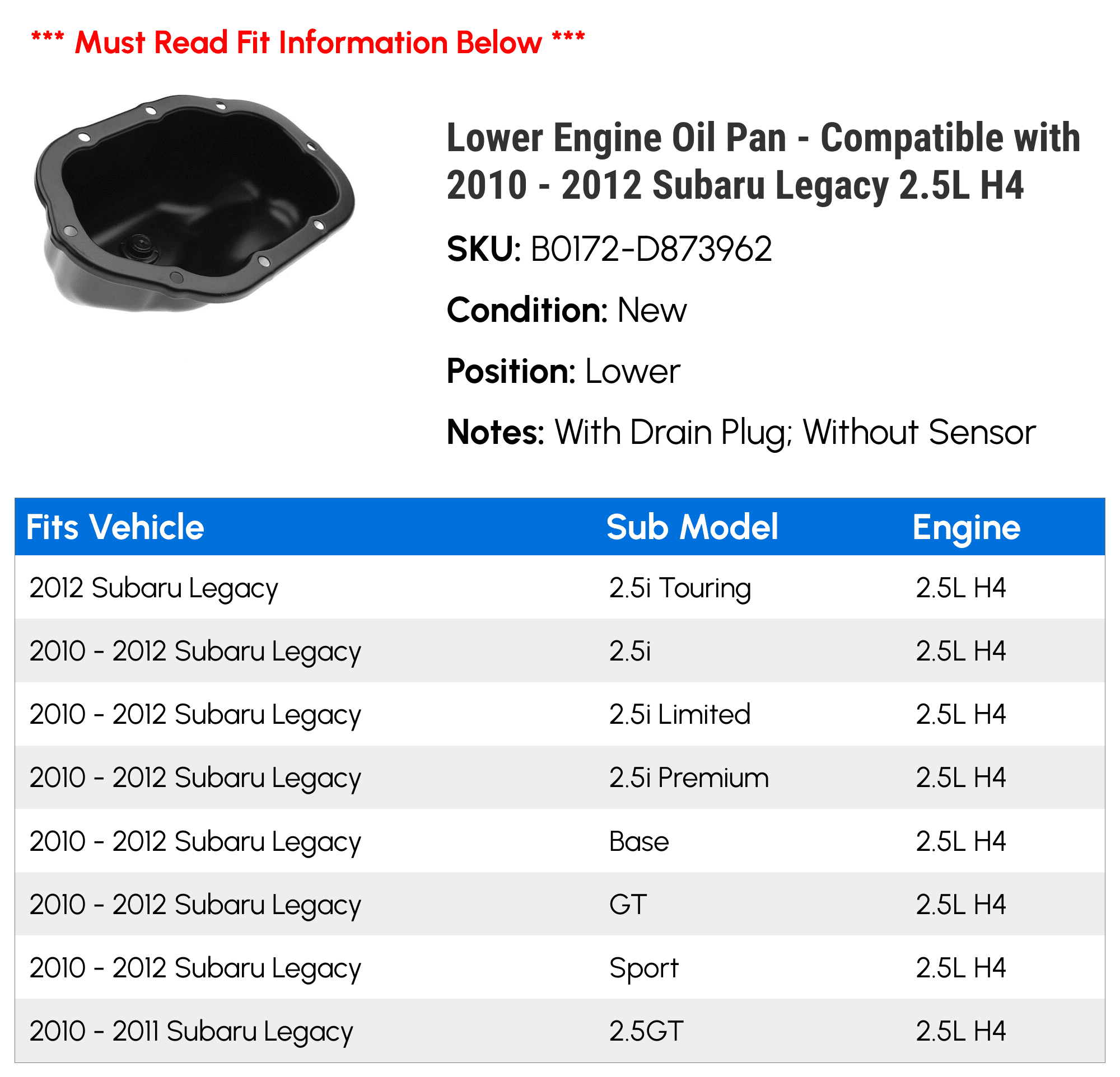 Lower Engine Oil Pan - Compatible with 2010 - 2012 Subaru Outback 2.5L H4 - Autopart Premium