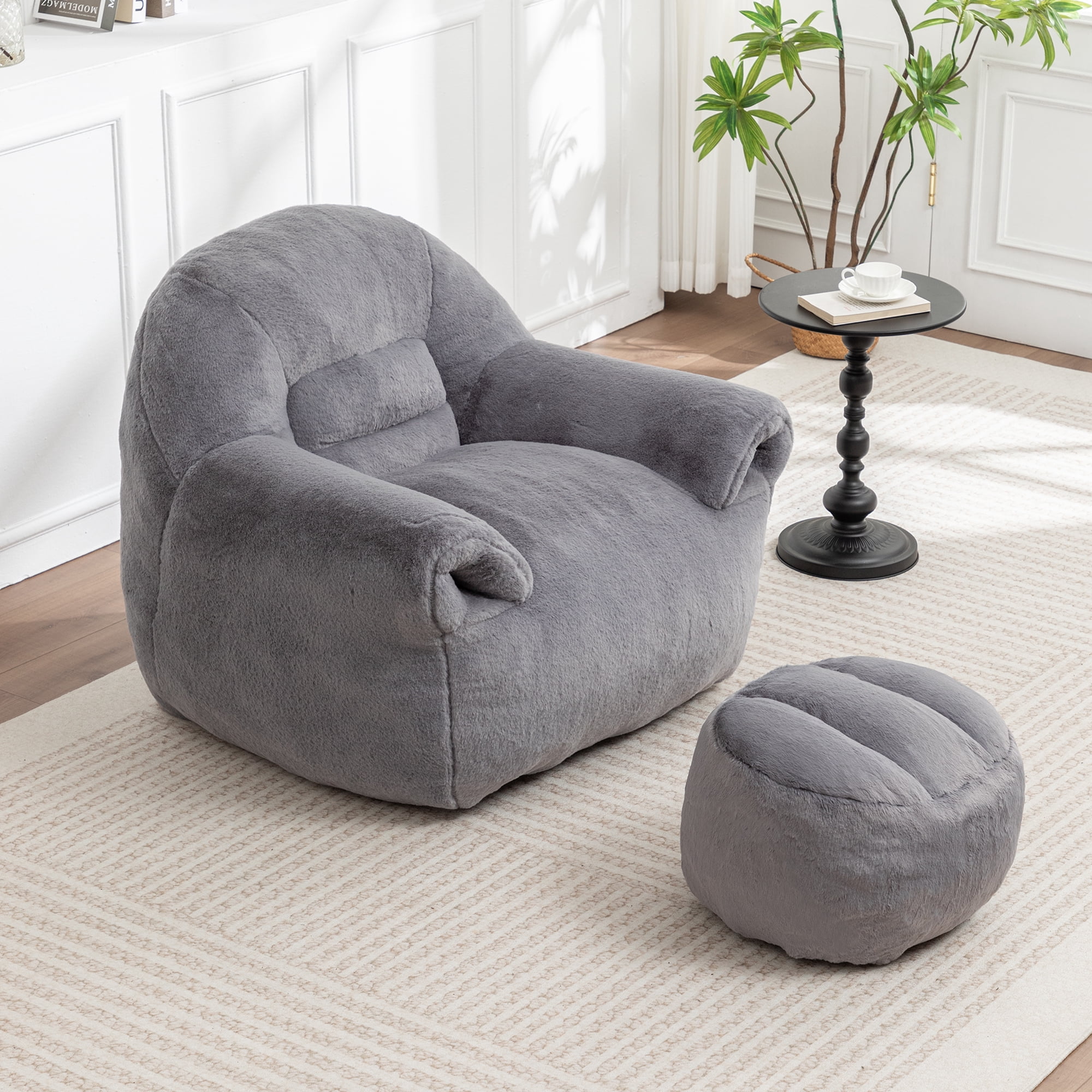 Leumius Bean Bag Sofa with Footstool,Faux Fur Bean Bag Chair Floor Sofa with Back Support for Living Room, Bedroom, Apartment,Dark Gray
