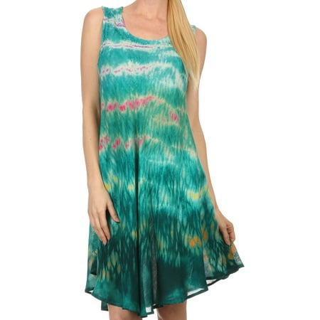 Short Caftan - Sakkas Nora Sleeveless Embroidered Short Tie Dye Caftan Dress / Cover Up - Teal - One Size Regular