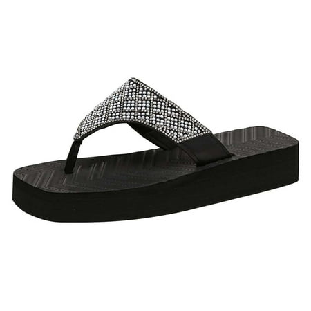 

GNEIKDEING Ladies Shoes Summer Beach Slippers Pearl Rhinestone Flip Flops Gift on Clearance