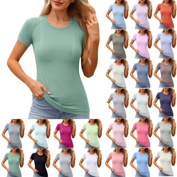 Oversized T-Shirt for Women Seamless Workout Crew Neck Raglan Short Sleeve Compression Slim Fit Yoga Athletic Tee Sweat Wicking Base Layer Top for Everyday Layered Outfits