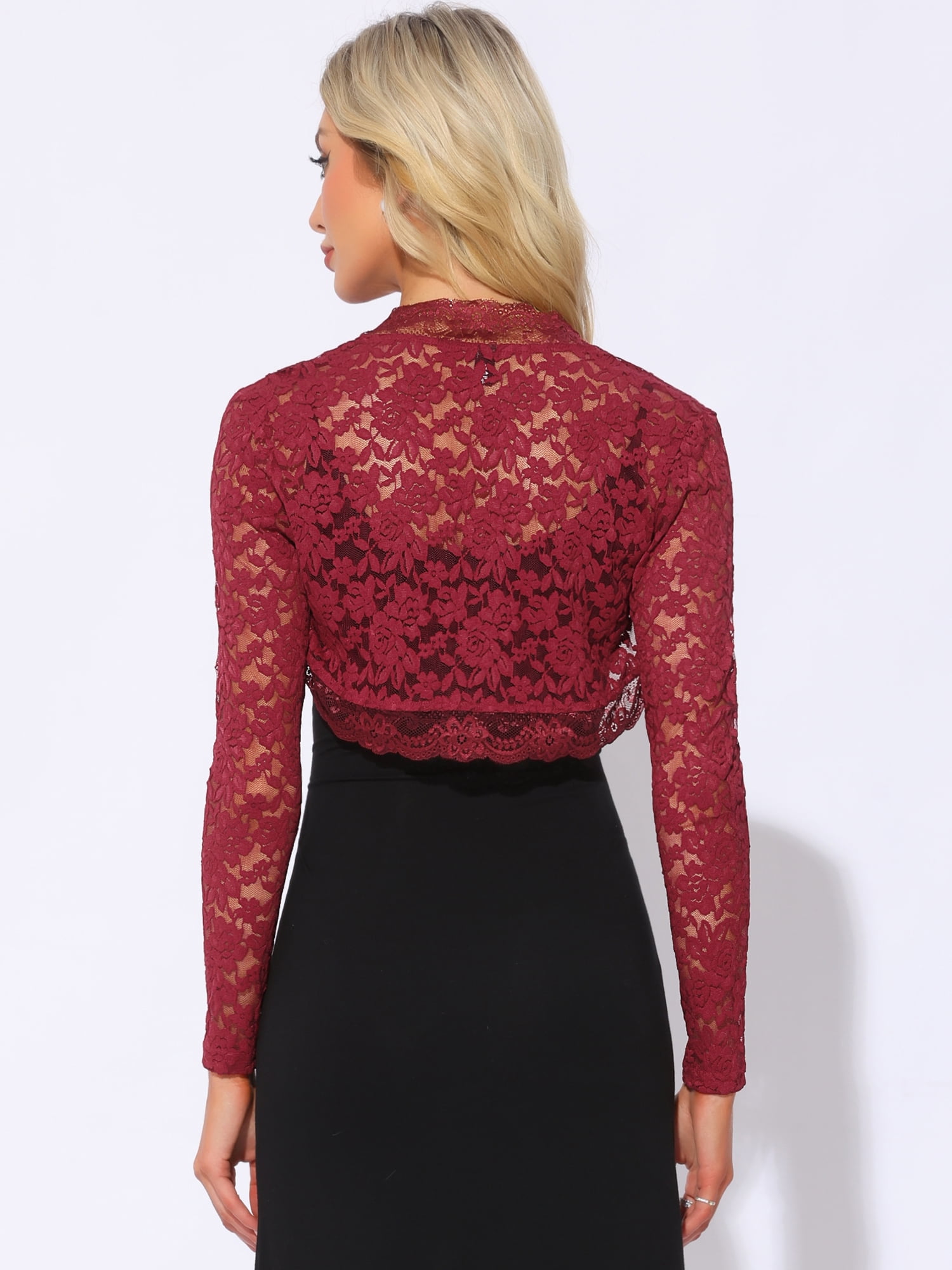 DARING DIVA Women's Floral Bolero Shrug Long Sleeve Sheer Cropped Lace Cardigan XS Dark Red