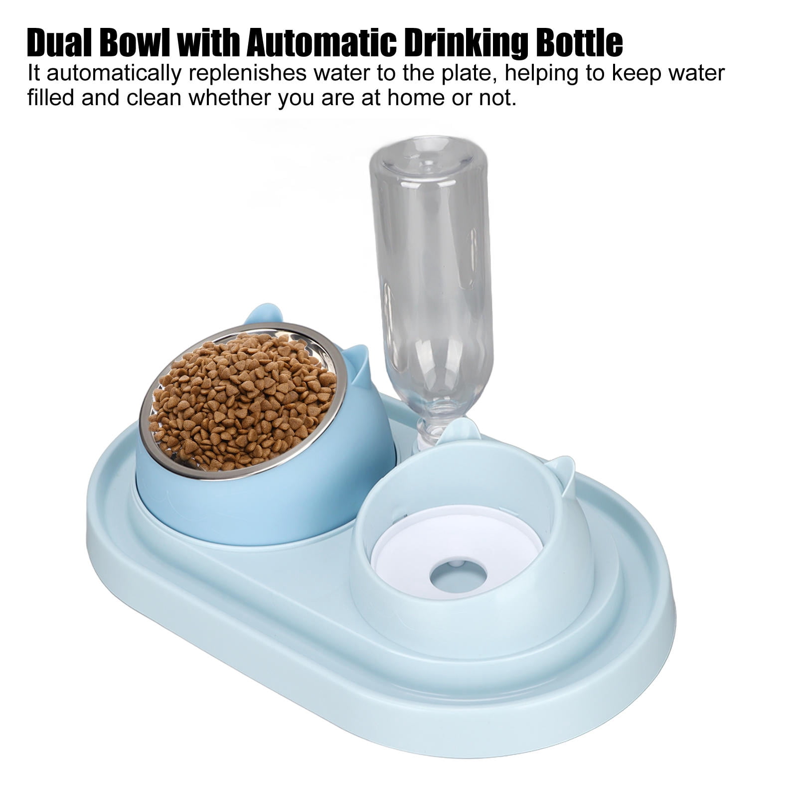 BIMZUC 3-in-1 Cat Food and Water Bowl Set, Automatic Water Dispenser, Tilted Stainless Steel Slow Feeder Bowl for Kittens, Puppies, Blue