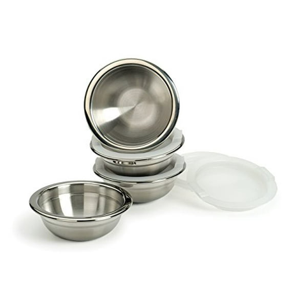 RSVP International Bols de Préparation en Acier Inoxydable avec Couvercles en Plastique Hermétiques Sans BPA, Ensemble de 4 Capacité d'Une Tasse Ranger les Restes pour les Déjeuners Lavable au Lave-Vaisselle, 4