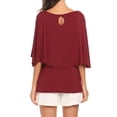 thumbnail image 4 of Camiseta de mujer con volantes, cuello redondo, manga corta, blusa informal, top, rojo vino, L Methold AP001341-08, 4 of 7