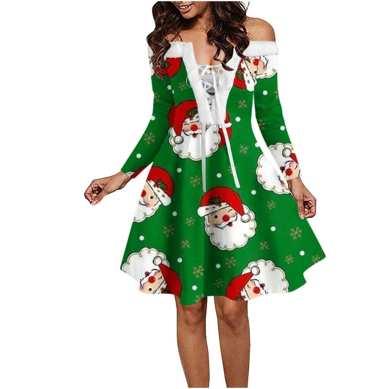 XFLWAM Womens Merry Christmas Dress Off Shoulder Deep V Neck Long Sleeve Swing Tea Dress Snowflake Xmas Tree Claus Vintage 1950 s Cocktail Party Dress