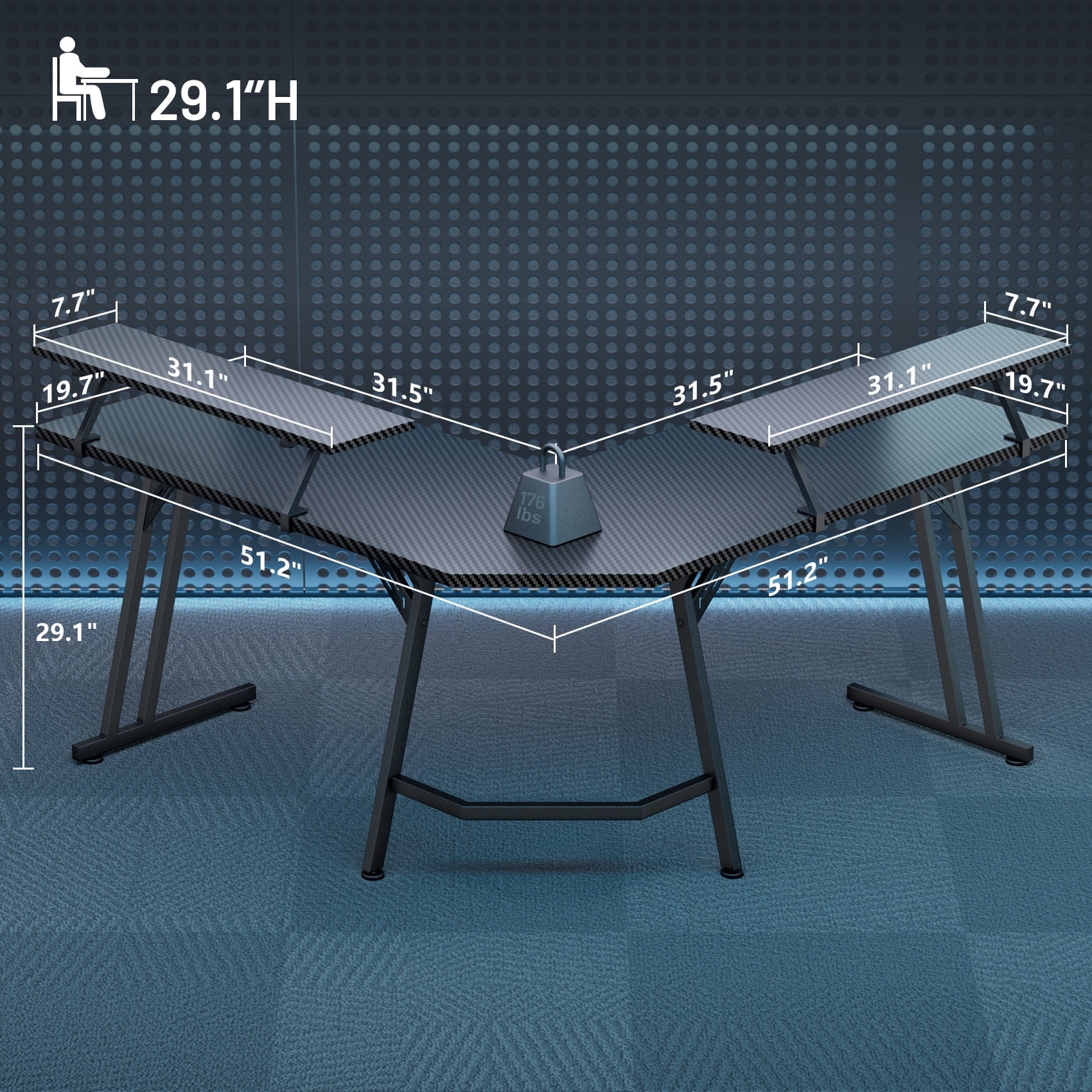 HLDIRECT 51 inch L Shaped Gaming Desk with Monitor Stand and LED Lights, Corner Computer Desk, PC Gaming Table