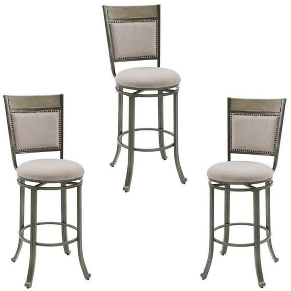 Home Square 3 Piece Upholstered Bar Stool Set with Metal Base in Pewter