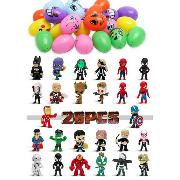 24 Pcs Printed Easter Eggs with 26 Pcs Superhero Mini Action Figures. Perfect for Your Easter Eggs Hunting and Basket!