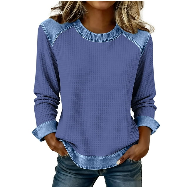 Camisetas de Manga Larga para las Mujeres Loose Fit Color Sólido Blusa de Cuello Redondo Top Suave Casual