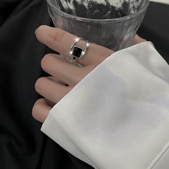 Black Geometric Square Ring, 925 Sterling Silver Plated Adjustable Statement Ring, Modern Minimalist Wide Band Ring for Women, 12mm Bold Fashion Jewelry Gift