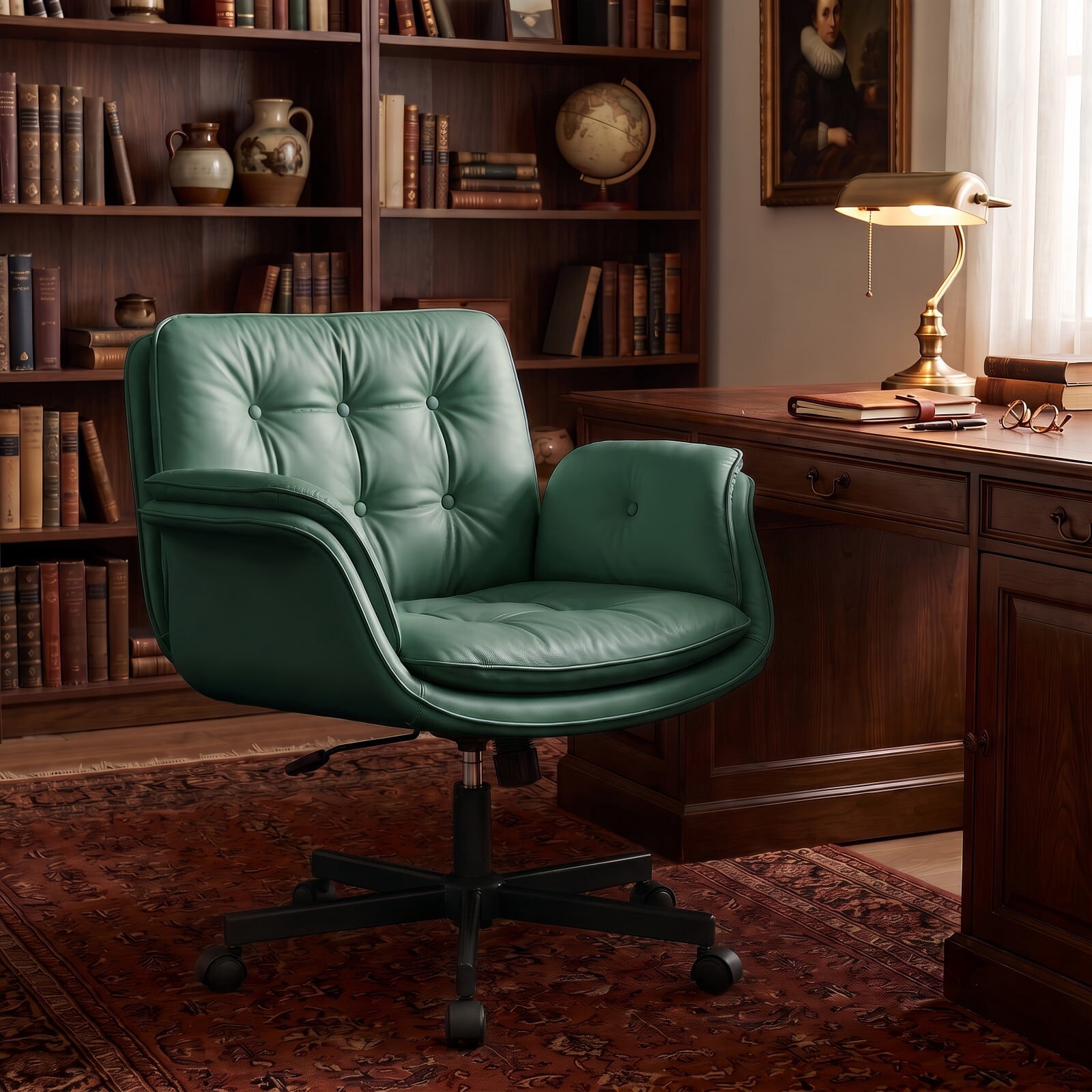 Kelno Criss Cross Office Chair with Wheels Armrests 300lbs Capacity Height Adjustable PU Leather Wide Desk Chair Swivel Vanity Chair, Green