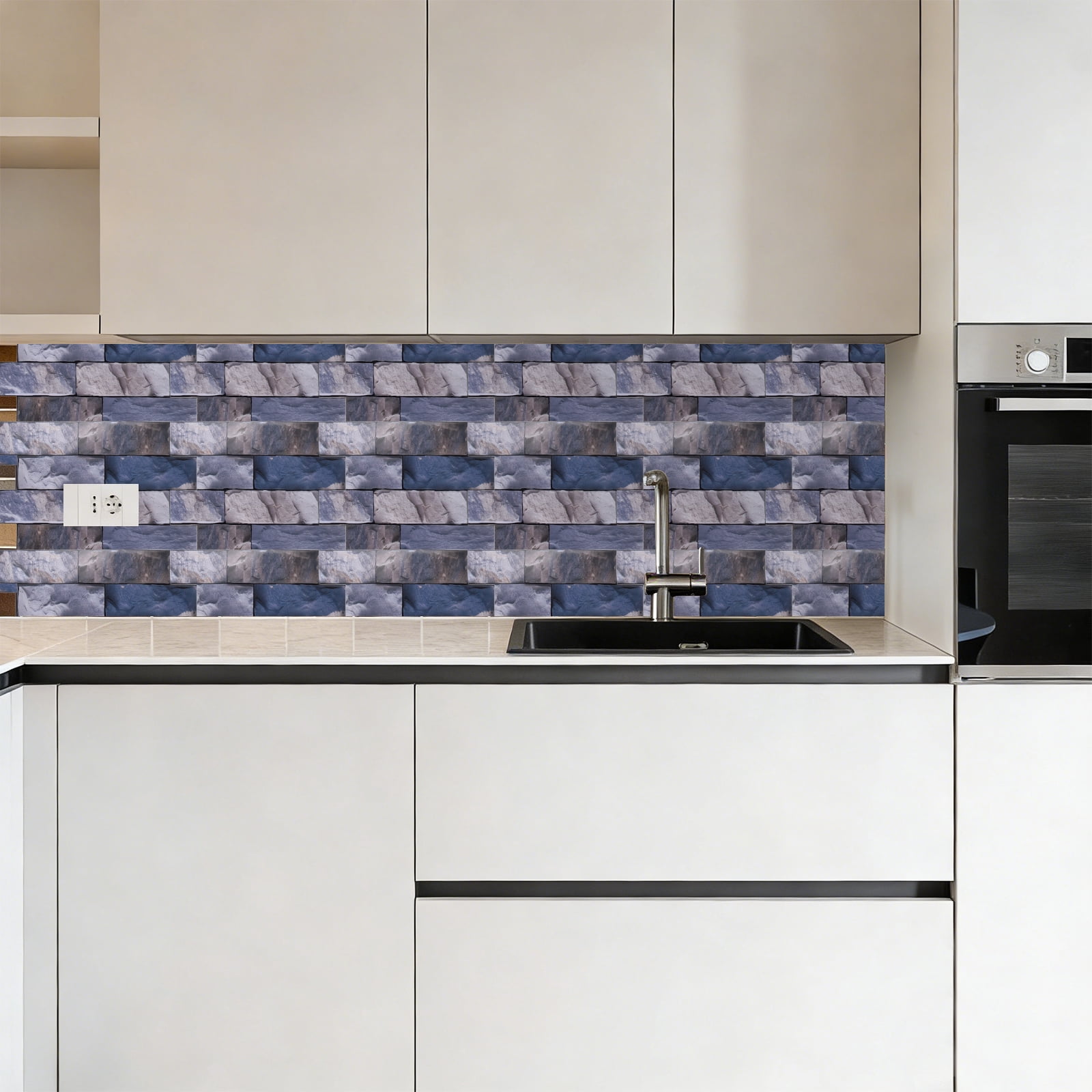Uxcell 10Pcs Peel and Stick Backsplash Tiles 10.6" x 10.6" 3D Thickened Stone Texture Self-Adhesive Tile Stickers Wallpaper Wall for Kitchen Bathroom Bedroom, Blue Gray Brown
