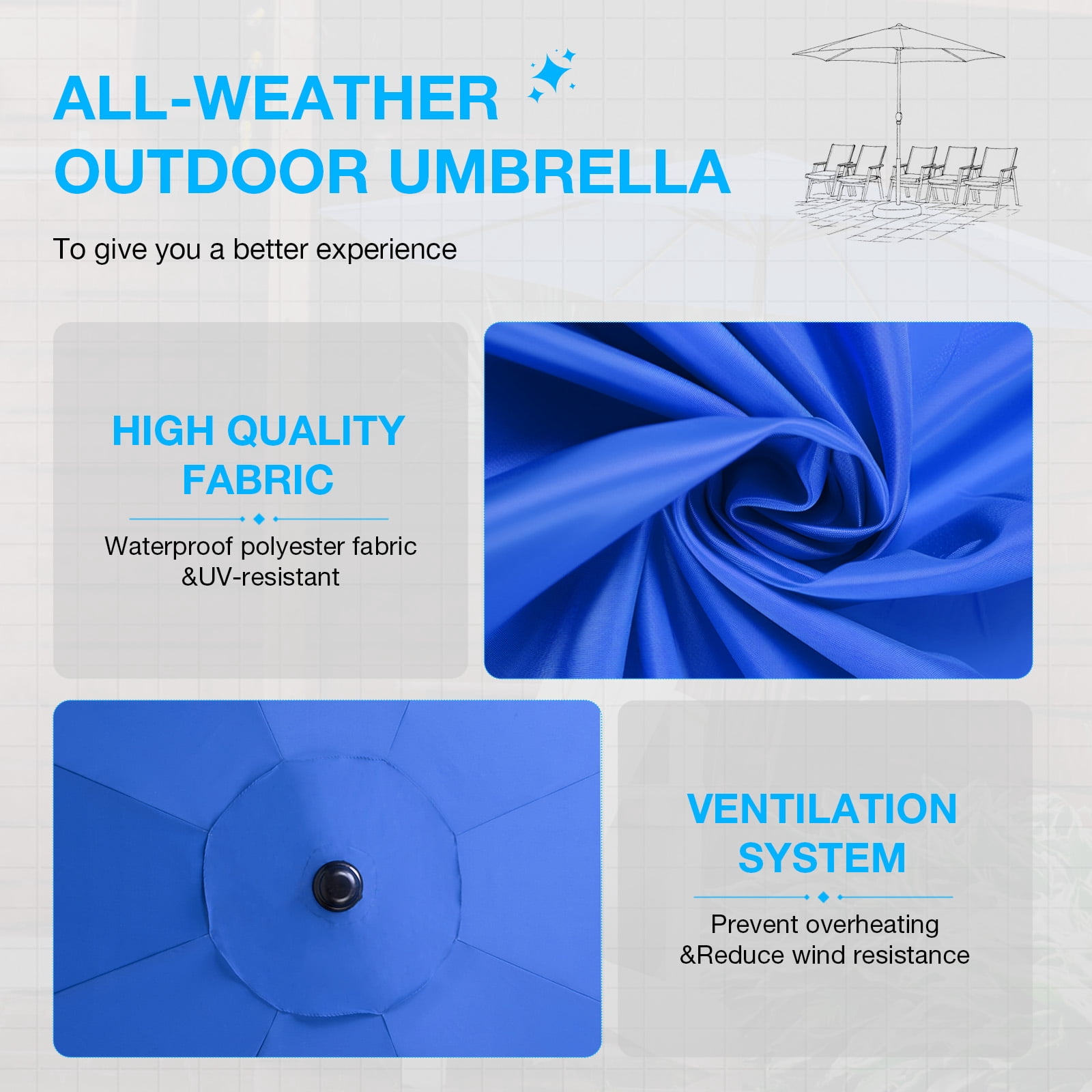 JONPONY 9FT Outdoor Patio Umbrella with Push Button Tilt and Crank, UV Protection & Waterproof, Market Table Umbrella with 8 Sturdy Ribs for Garden, Deck, Backyard, Pool, Blue