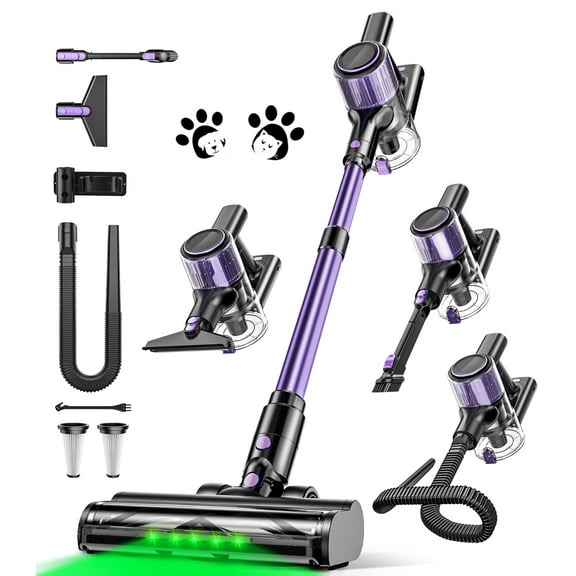 SUXIANGVAC Cordless Vacuum Cleaner, 40Kpa 8 in 1 Lightweight, Anti-Tangle Brush with Green Light, Violet