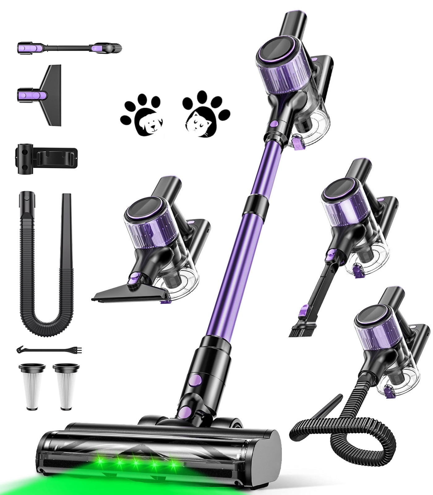SUXIANGVAC Cordless Vacuum Cleaner, 40Kpa 8 in 1 Lightweight, Anti-Tangle Brush with Green Light, Violet