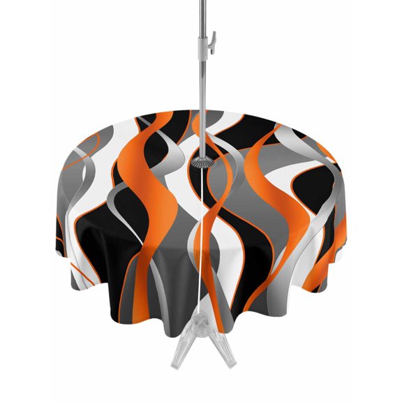 Outdoor Table Cloth with Umbrella Hole and Zipper, Abstract Stripes Waterproof Round Tablecloth 60 Inch, Retro Modern Orange Black Gray Lines Washable Table Cover for Outside Party Patio Picnic