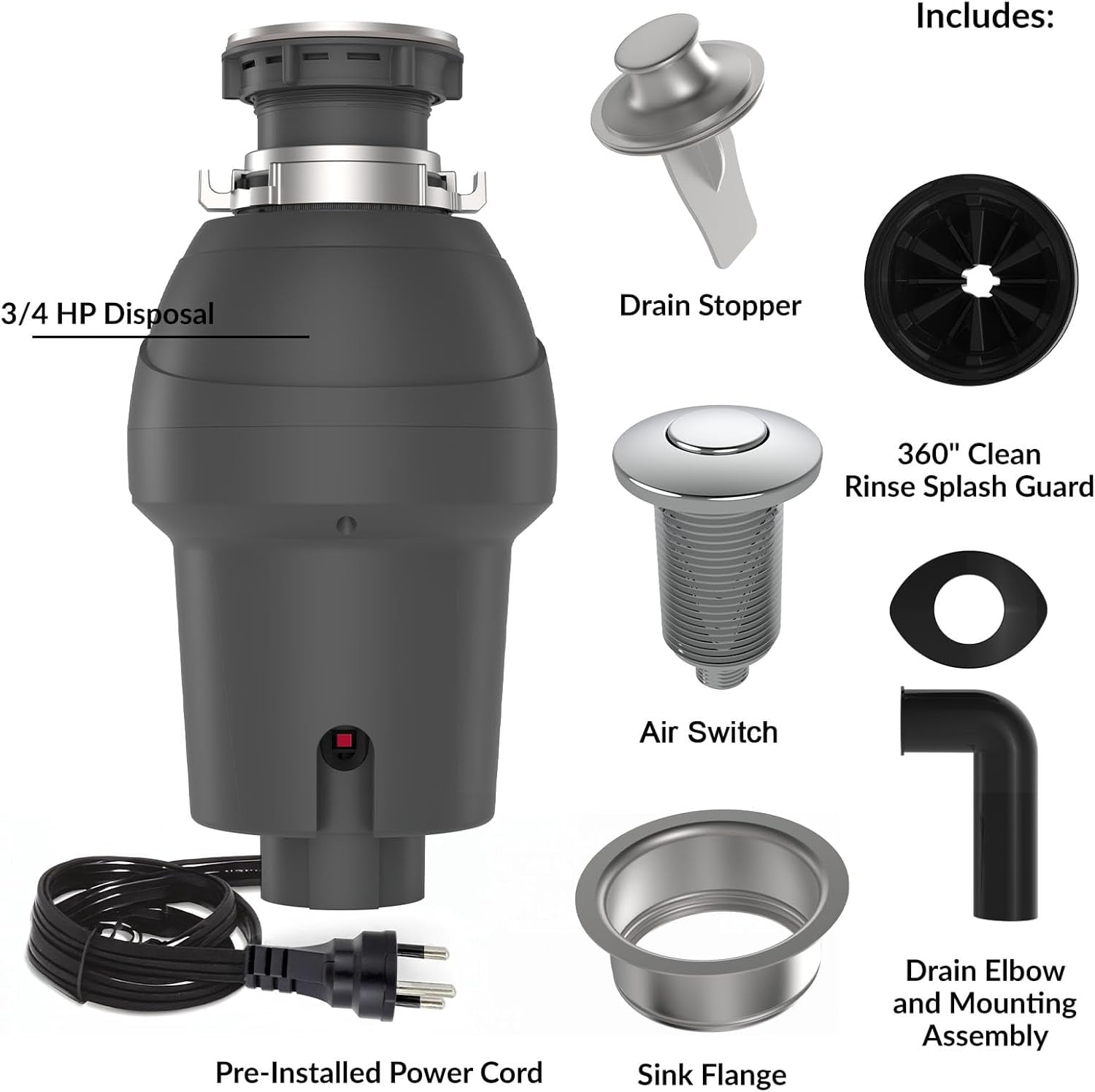 GAOMON 3/4 HP Garbage Disposal with Air Switch, 4-Stage Grinding, 3500 RPM, Quiet Food Waste Disposer, Stainless Steel & ABS, for Kitchen, Gray