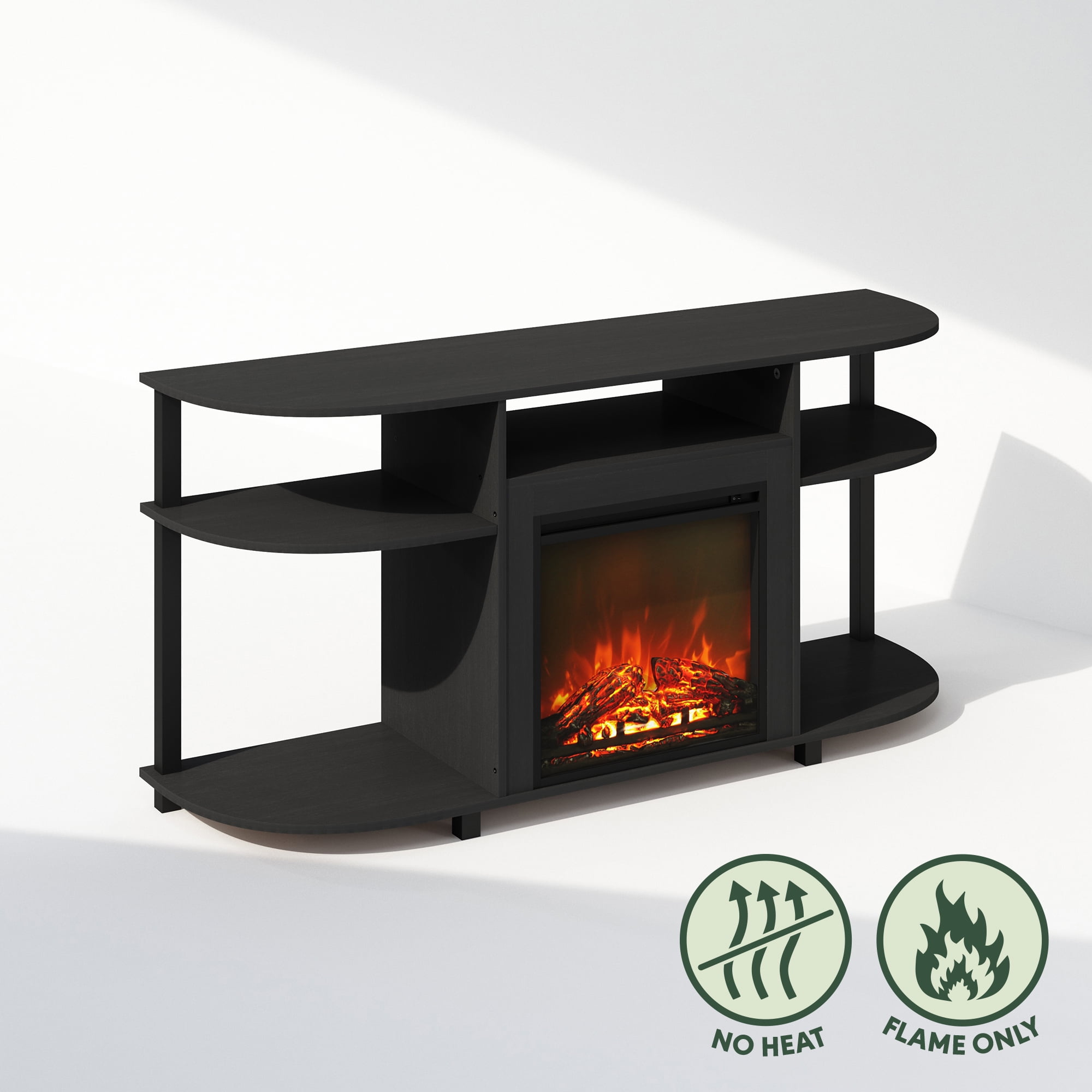 Furinno Jensen No Heat Decorative Electric Fireplace TV Stand, Entertainment Center for TV up to 55 Inch with Curved Open Storage, Americano