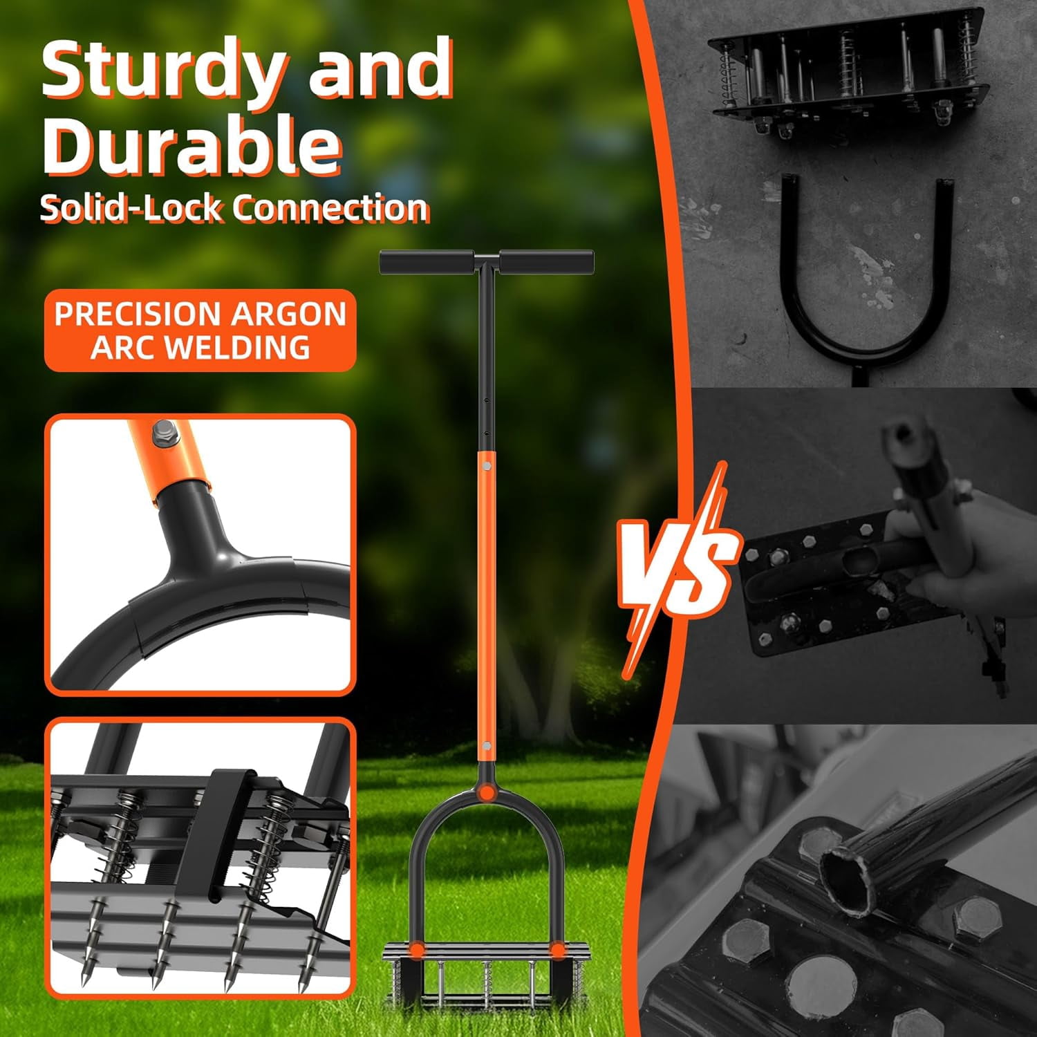 Aerator Lawn Tool - 2-in-1 Reinforced Heavy Duty Manual Lawn Aerator with 15 Spikes, Automatic Dirt and Leaf Clean Design, Adjustable T-Handle (Orange)